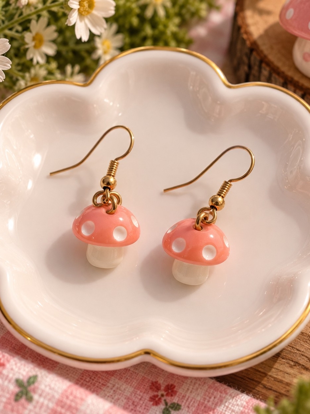 Cute Pink Mushroom Dangle Earrings New